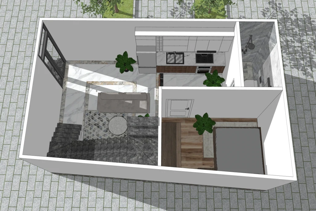 Mặt bằng phương án thiết kế tầng trệt nhà 40m2 hiện đại