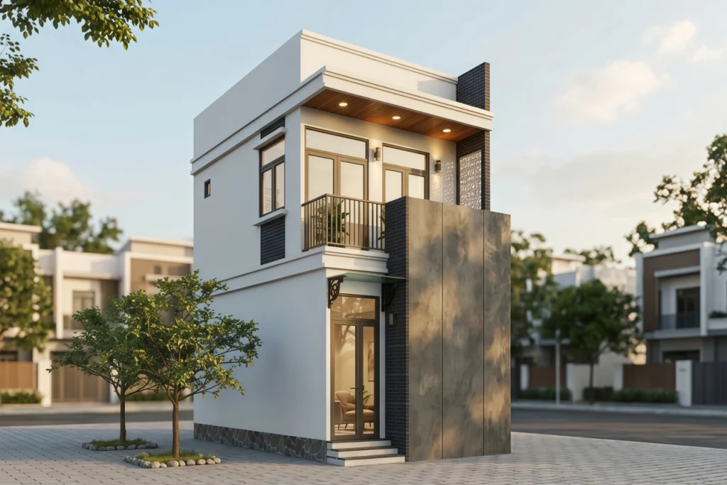 Thiết kế mẫu nhà phố 40m2 trên mảnh đất xéo phương án thiết kế tối ưu dựng bằng SketchUp và AI Gemini